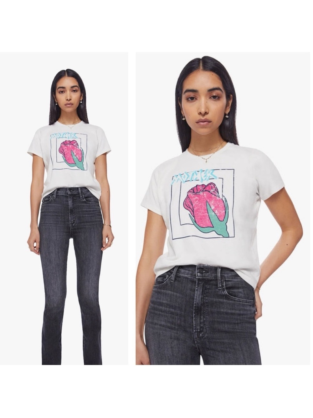 MOTHER White Graphic Tee with Pink Rose and Teal Leaf - Picture 2 of 5